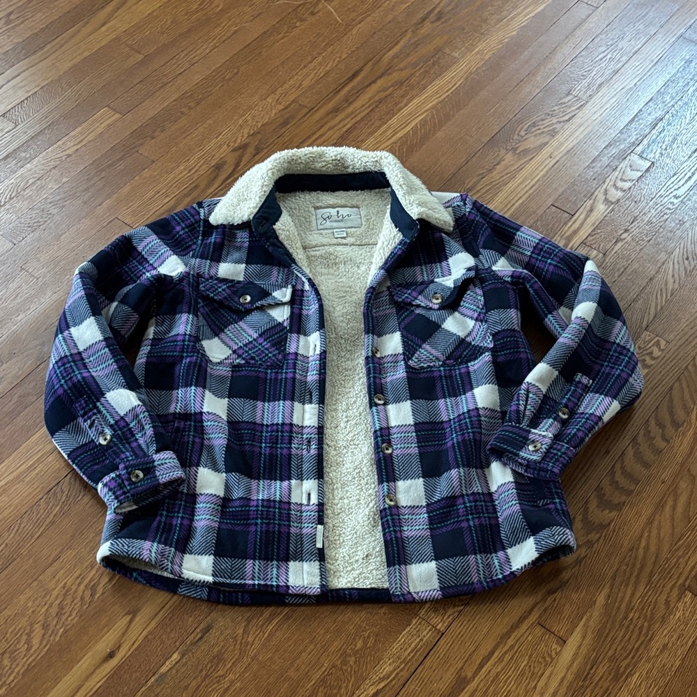 Soho Checkered Sherpa Jacket in Black, Purple, and White